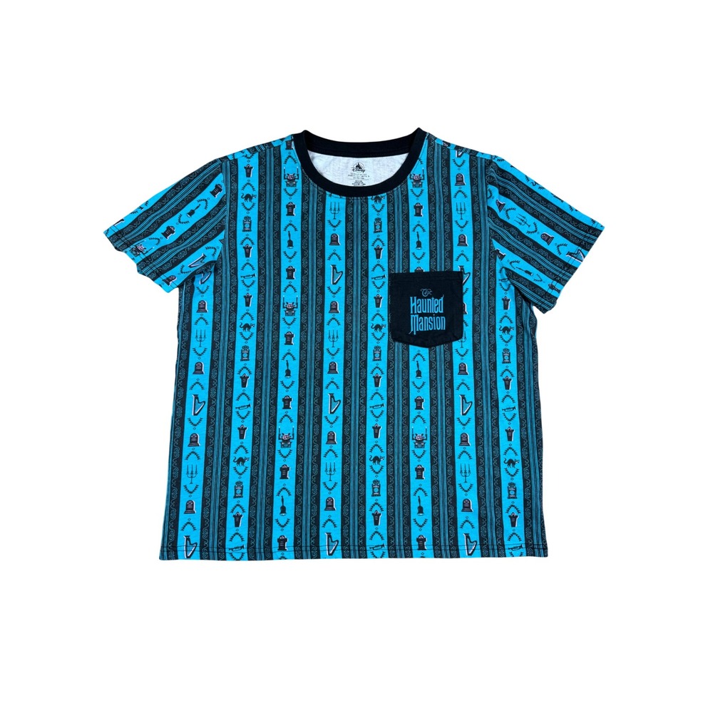 Disney Haunted Mansion Blue Stripe Pocket T Shirt Mens Large Disney World Womens